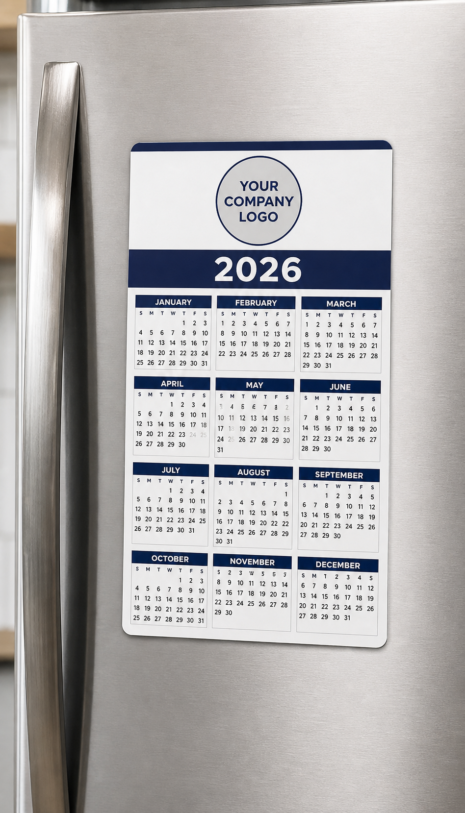Generic custom business refrigerator calendar magnet with Your Company Logo placeholder