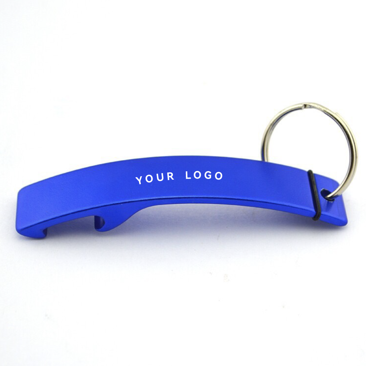 Blue aluminum bottle-opener keychain with a sample logo placement