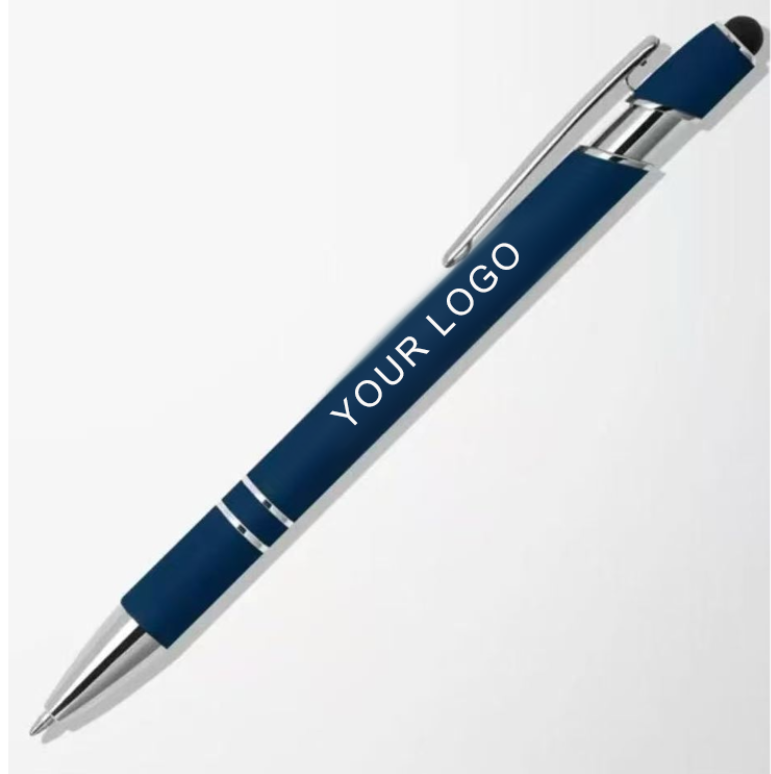 Blue retractable logo pen with silver trim and a sample logo placement